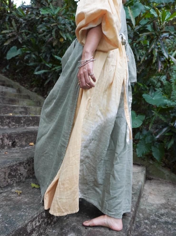 W-gauze Puff sleeve wrap long dress  MossGreen x Greige
