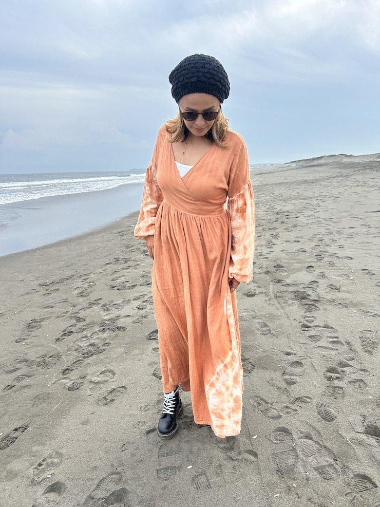 W-gauze Puff sleeve wrap long dress  MossGreen x Greige