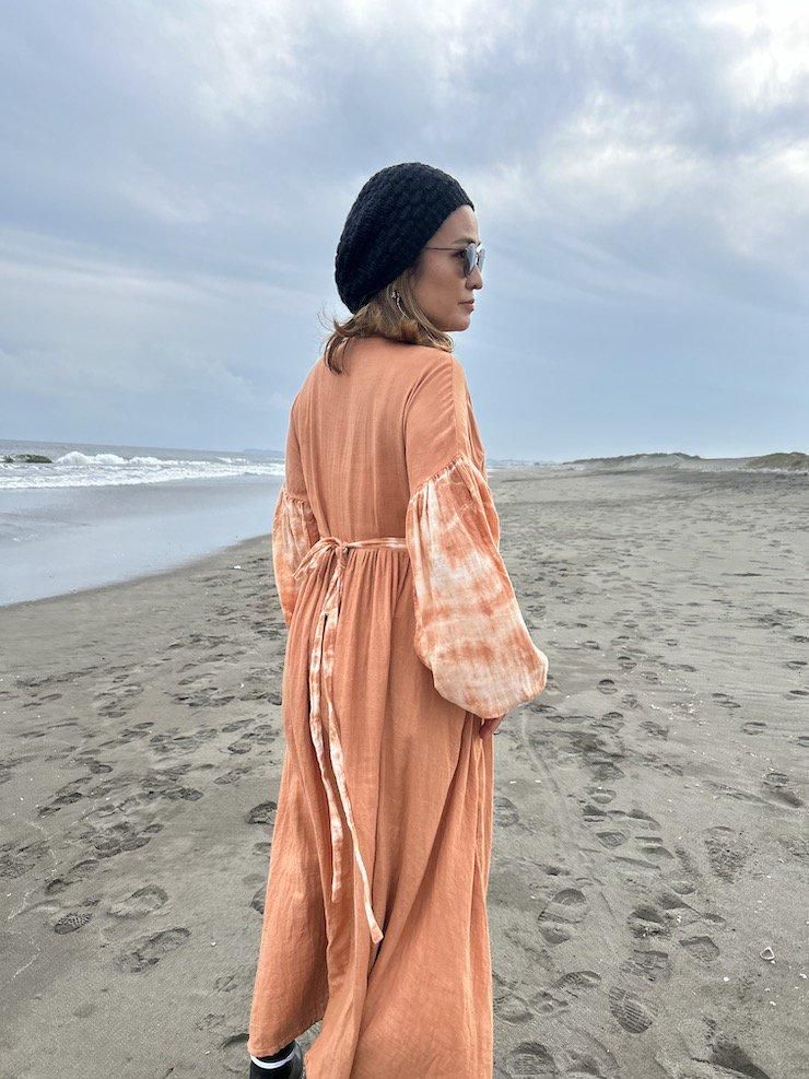 W-gauze Puff sleeve wrap long dress  MossGreen x Greige