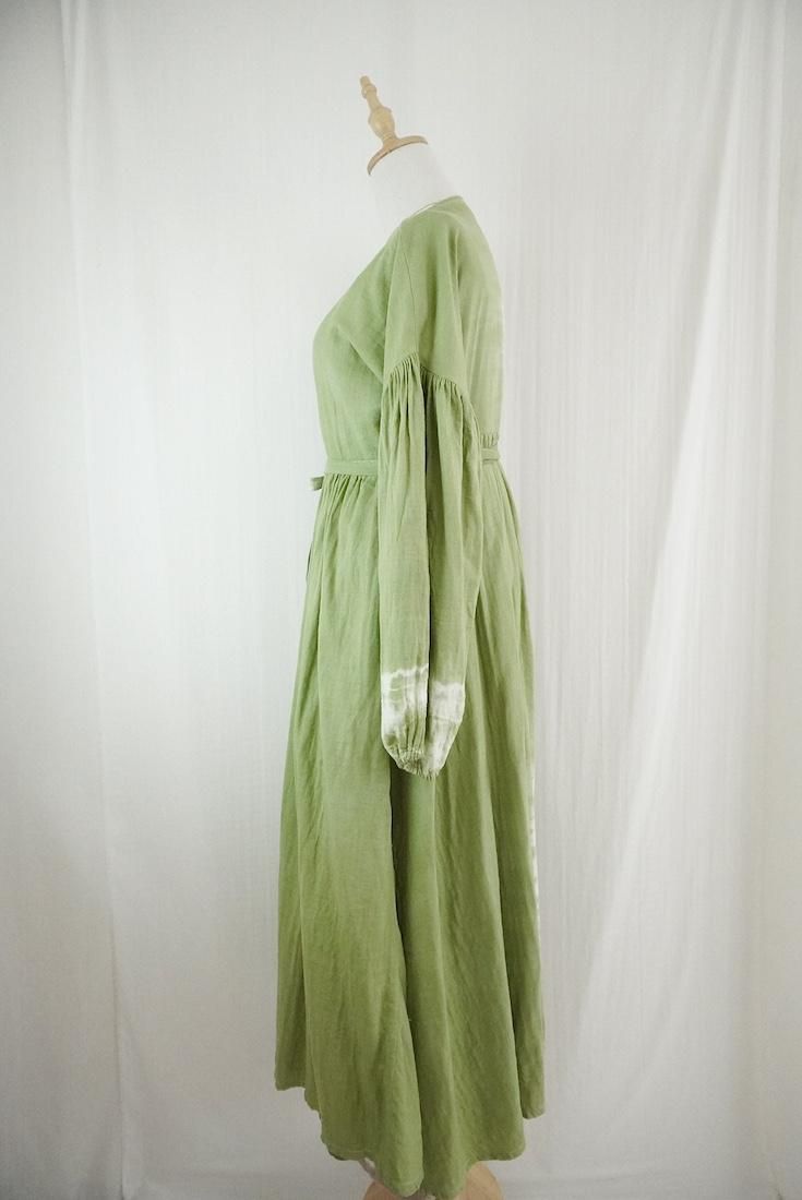 W-gauze Puff sleeve wrap long dress  MossGreen x Greige