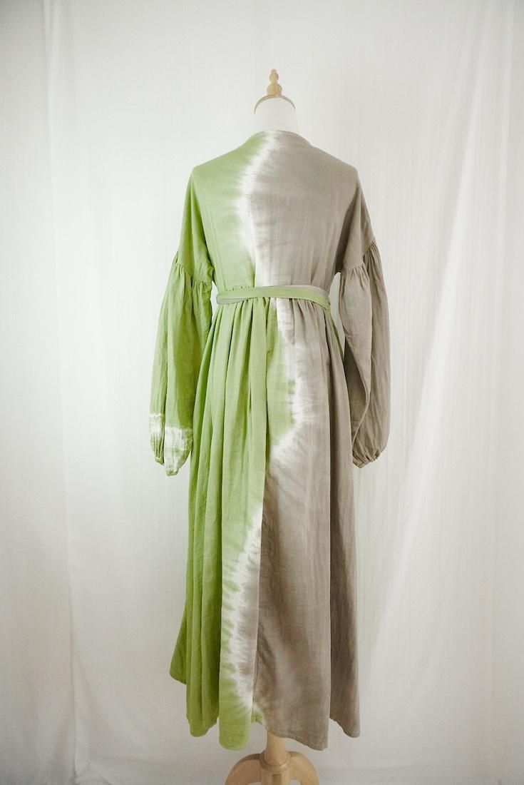 W-gauze Puff sleeve wrap long dress  MossGreen x Greige