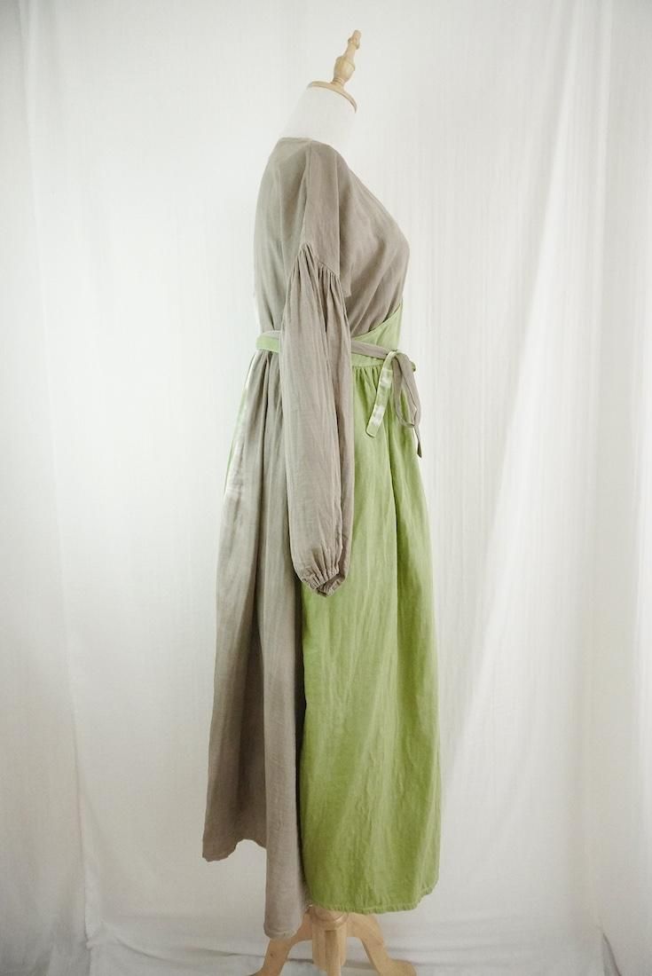 W-gauze Puff sleeve wrap long dress  MossGreen x Greige