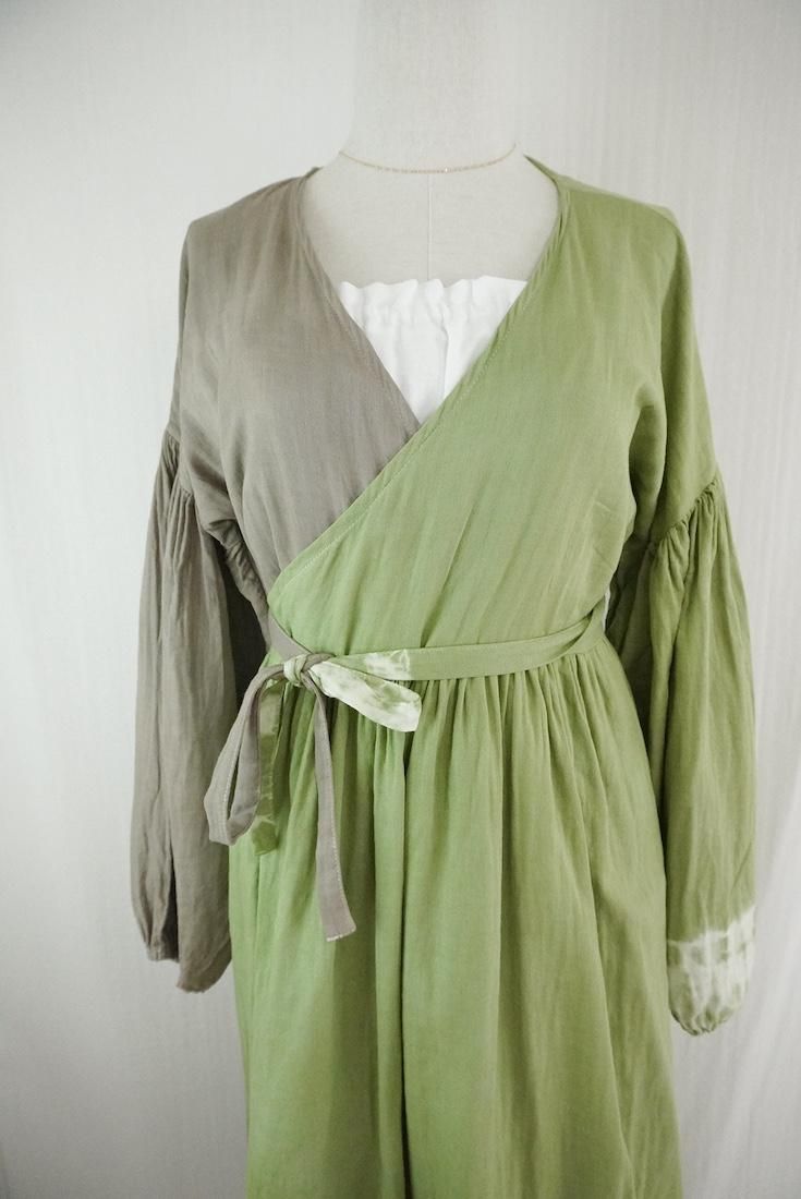 W-gauze Puff sleeve wrap long dress  MossGreen x Greige