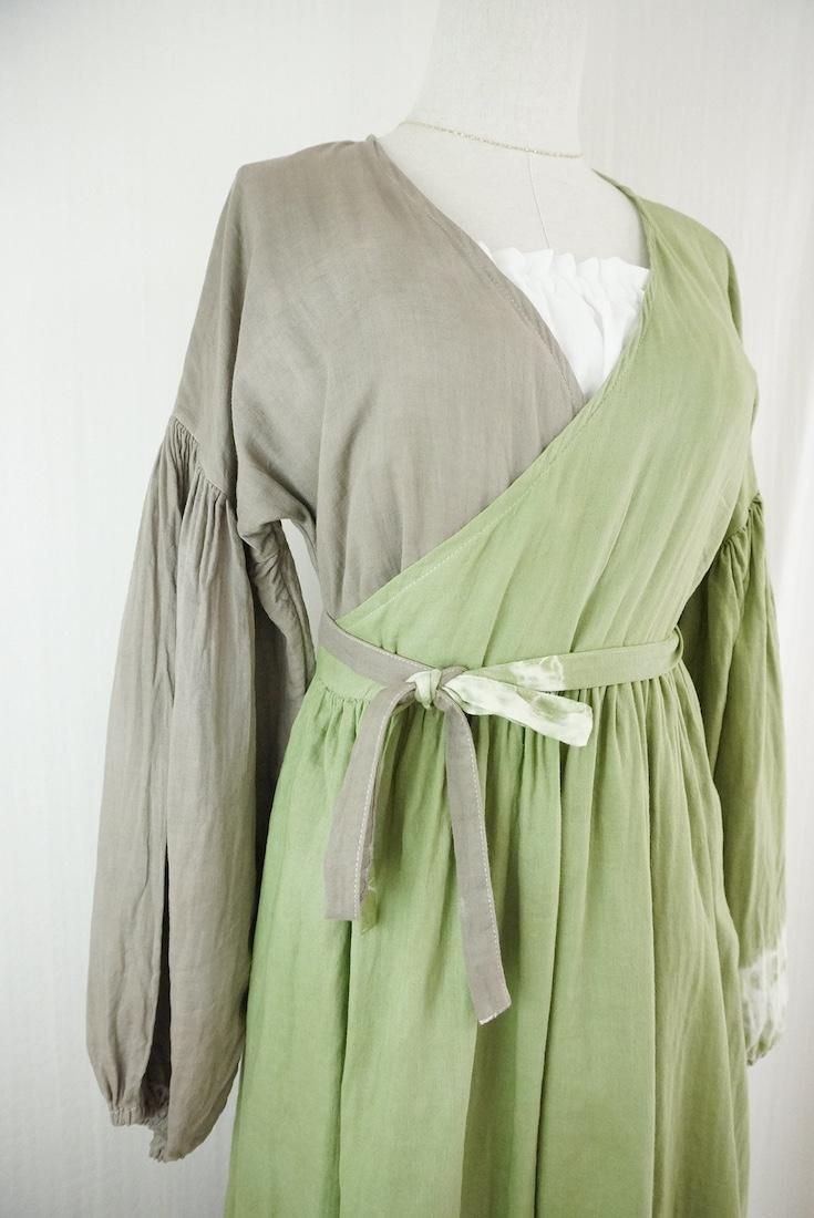 W-gauze Puff sleeve wrap long dress  MossGreen x Greige