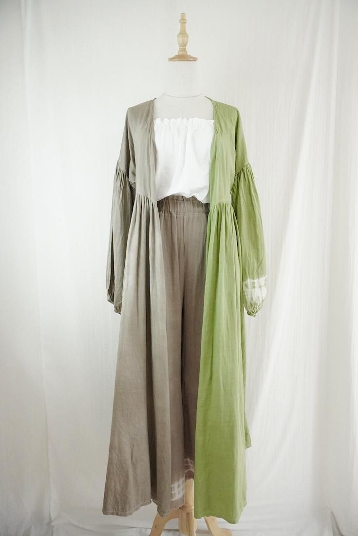 W-gauze Puff sleeve wrap long dress  MossGreen x Greige