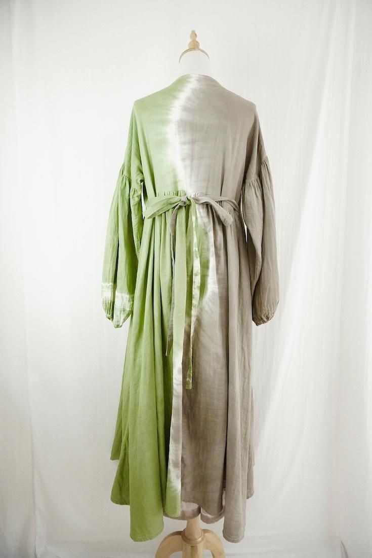 W-gauze Puff sleeve wrap long dress  MossGreen x Greige
