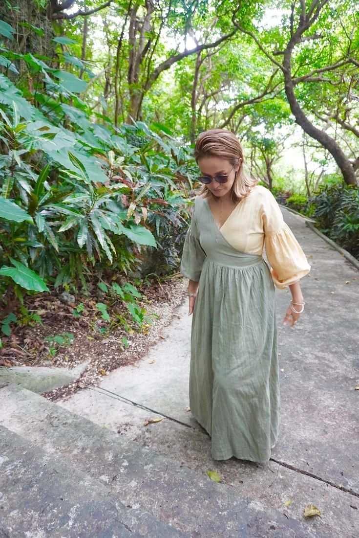 W-gauze Puff sleeve wrap long dress  MossGreen x Greige