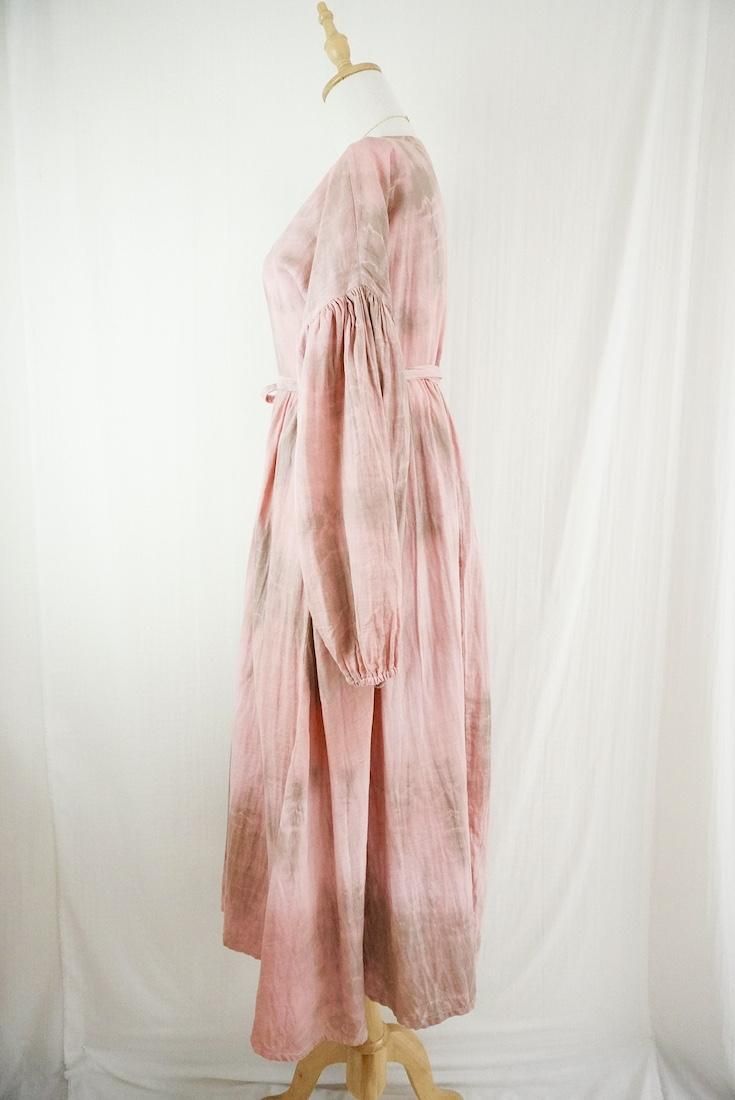 W-gauze Puff sleeve wrap long dress  Pinkbeige x Greige