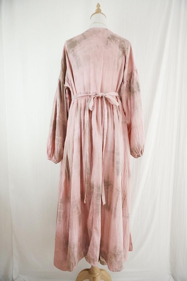 W-gauze Puff sleeve wrap long dress  Pinkbeige x Greige