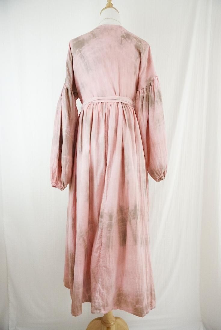 W-gauze Puff sleeve wrap long dress  Pinkbeige x Greige