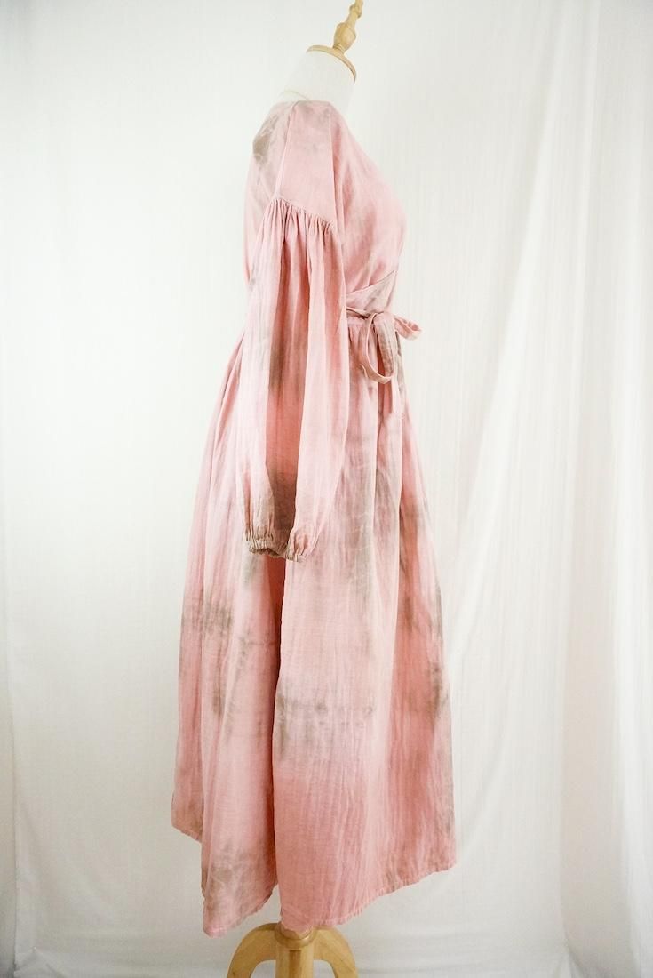 W-gauze Puff sleeve wrap long dress  Pinkbeige x Greige