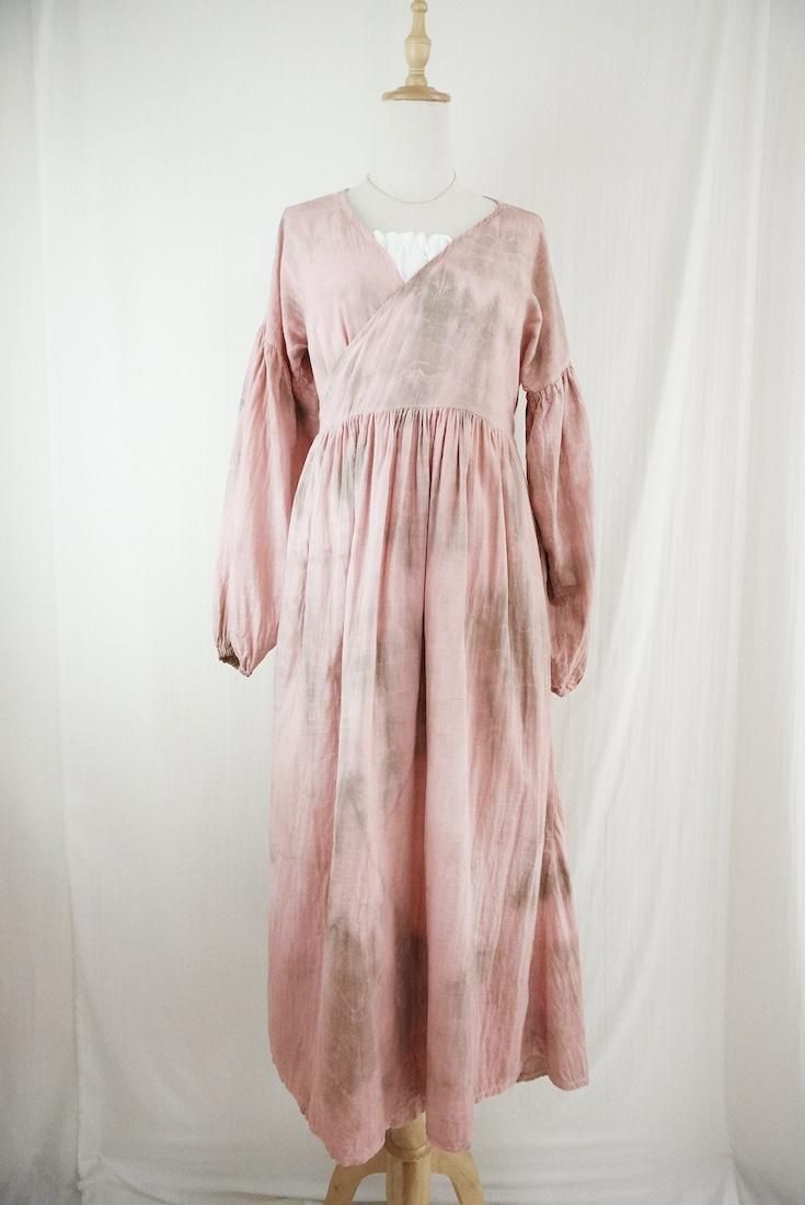 W-gauze Puff sleeve wrap long dress  Pinkbeige x Greige