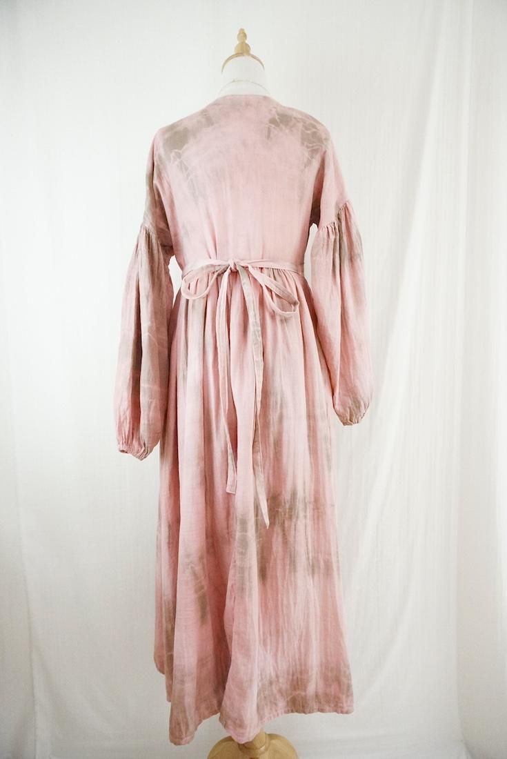 W-gauze Puff sleeve wrap long dress  Pinkbeige x Greige
