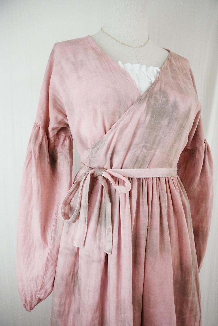 W-gauze Puff sleeve wrap long dress  Pinkbeige x Greige