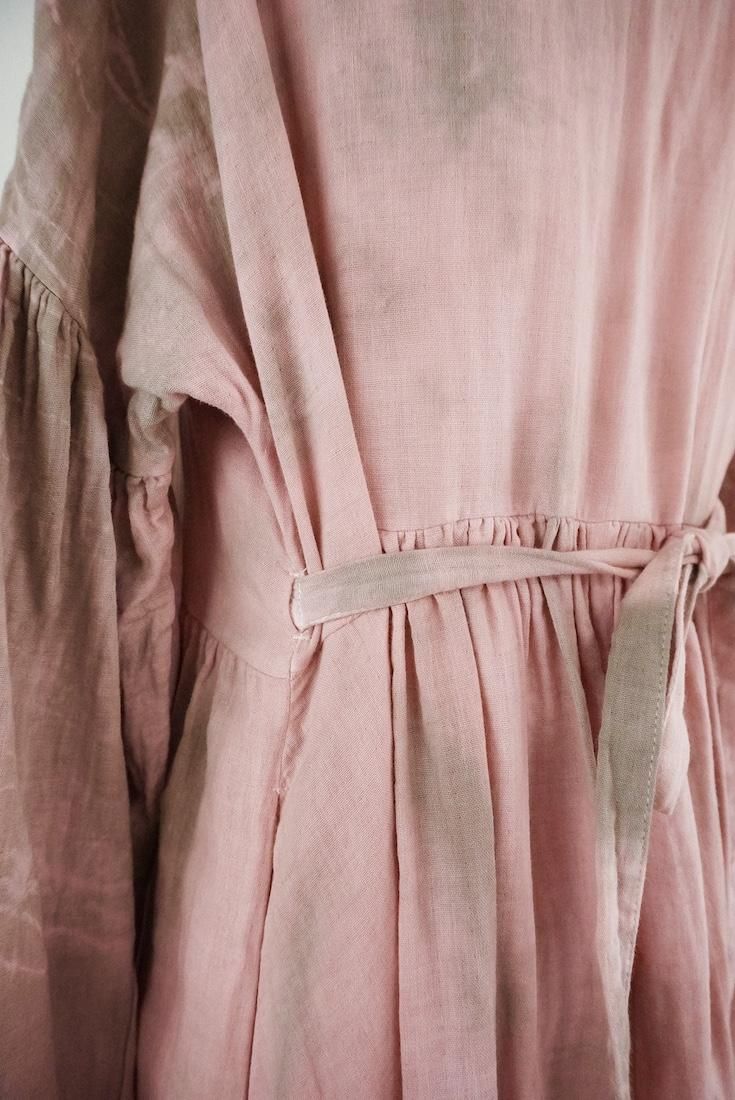 W-gauze Puff sleeve wrap long dress  Pinkbeige x Greige