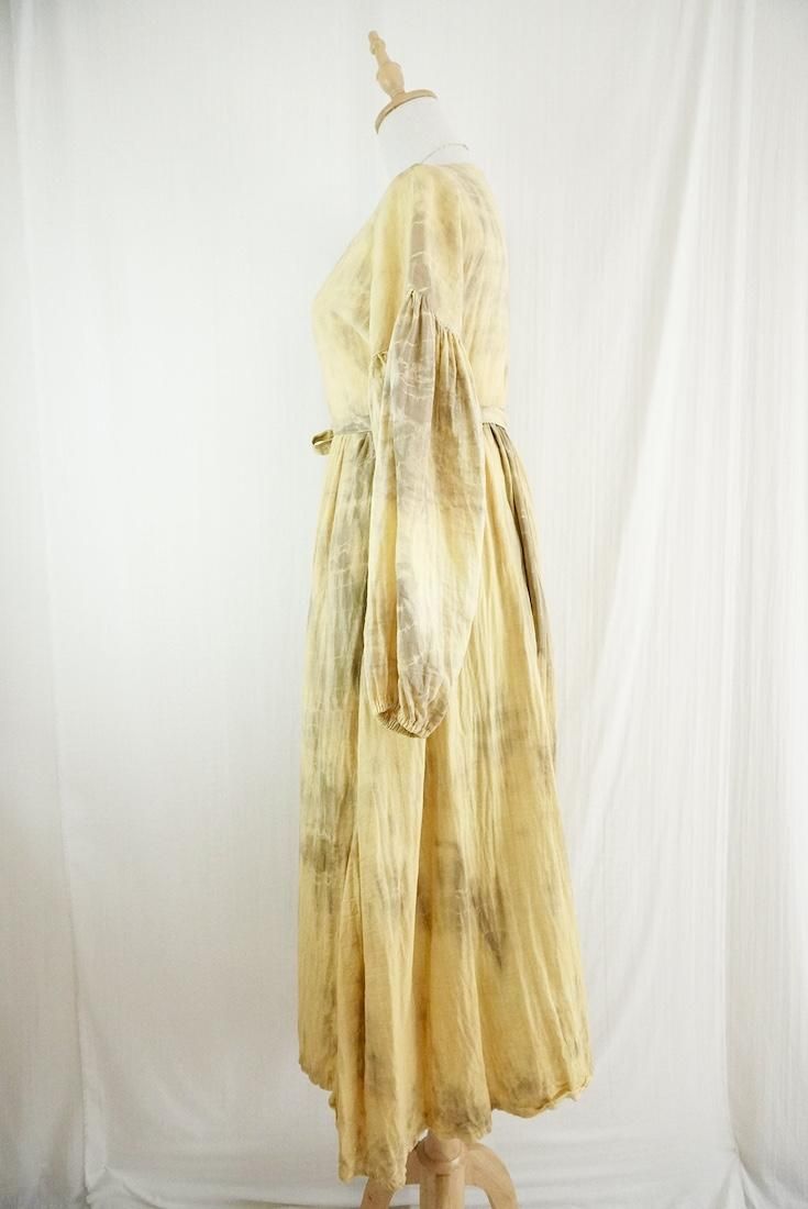 W-gauze Puff sleeve wrap long dress  Custard x Greige