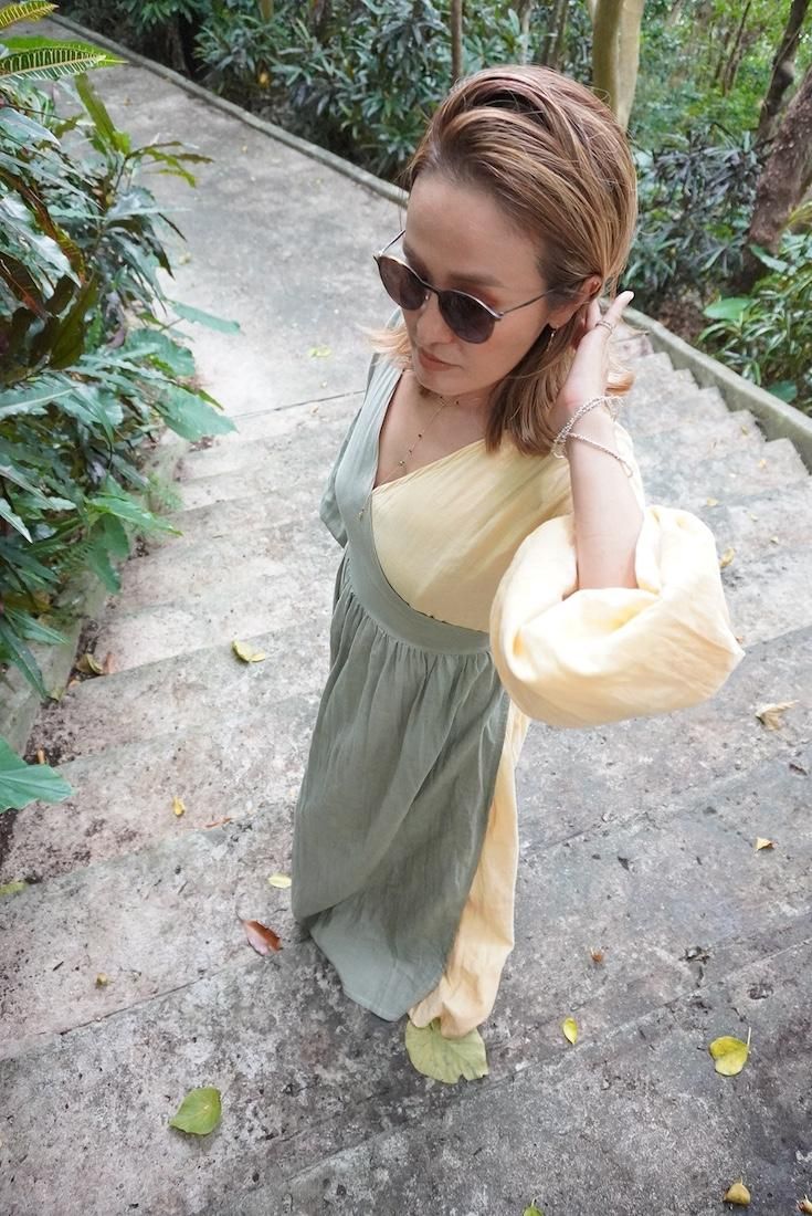 W-gauze Puff sleeve wrap long dress  Custard x Greige