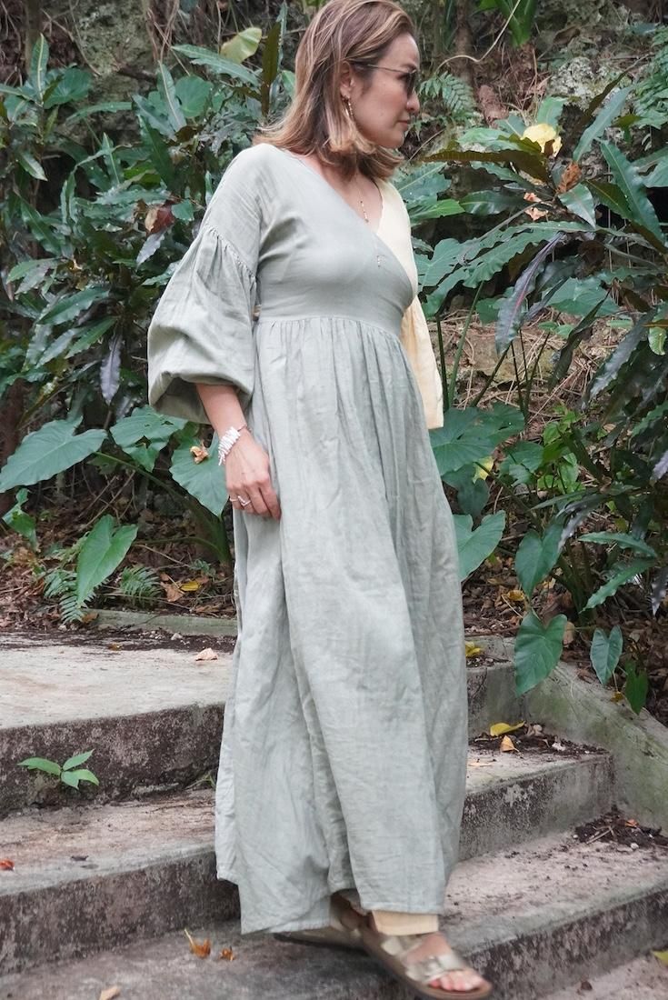 W-gauze Puff sleeve wrap long dress  Custard x Greige