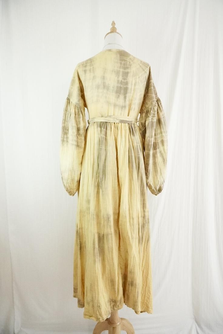 W-gauze Puff sleeve wrap long dress  Custard x Greige
