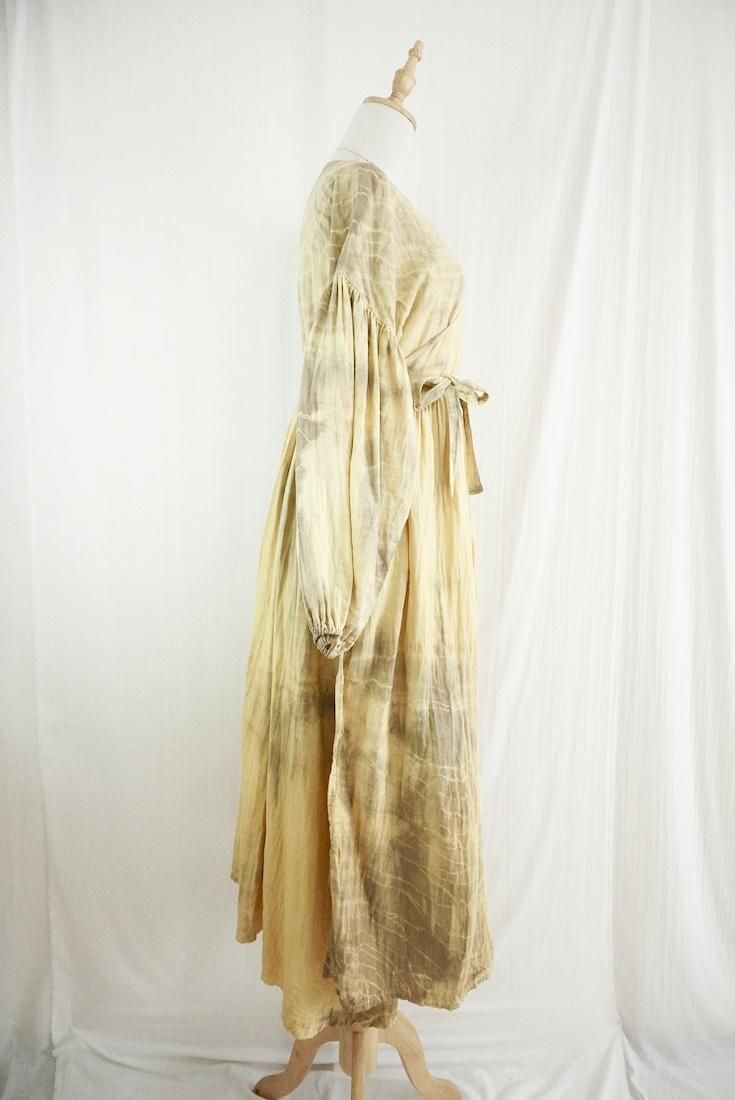 W-gauze Puff sleeve wrap long dress  Custard x Greige