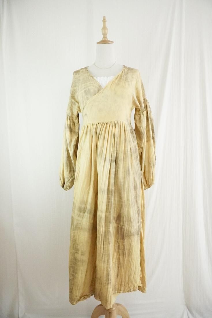 W-gauze Puff sleeve wrap long dress  Custard x Greige