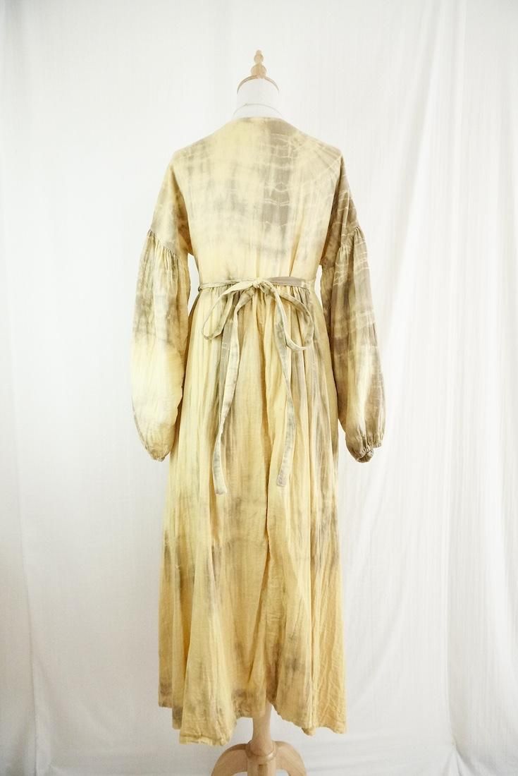 W-gauze Puff sleeve wrap long dress  Custard x Greige