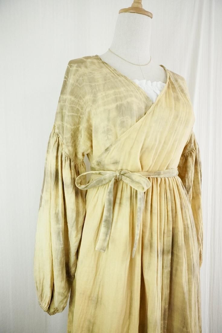 W-gauze Puff sleeve wrap long dress  Custard x Greige