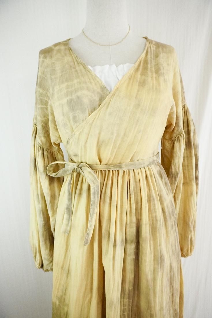 W-gauze Puff sleeve wrap long dress  Custard x Greige