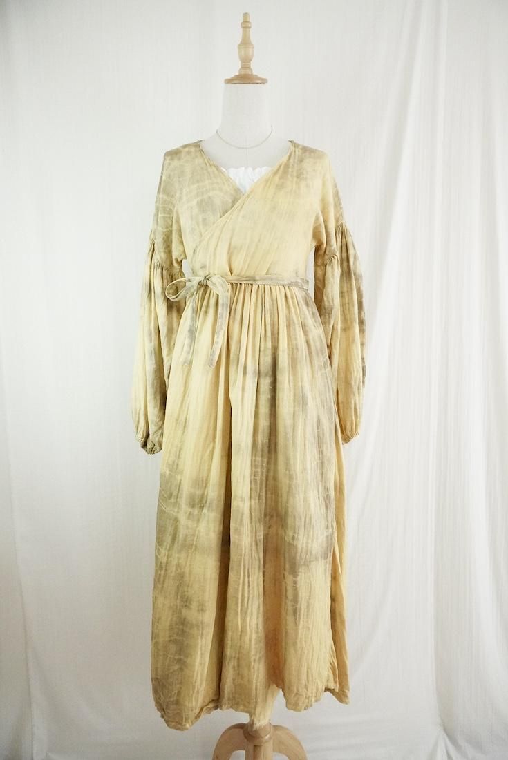 W-gauze Puff sleeve wrap long dress  Custard x Greige