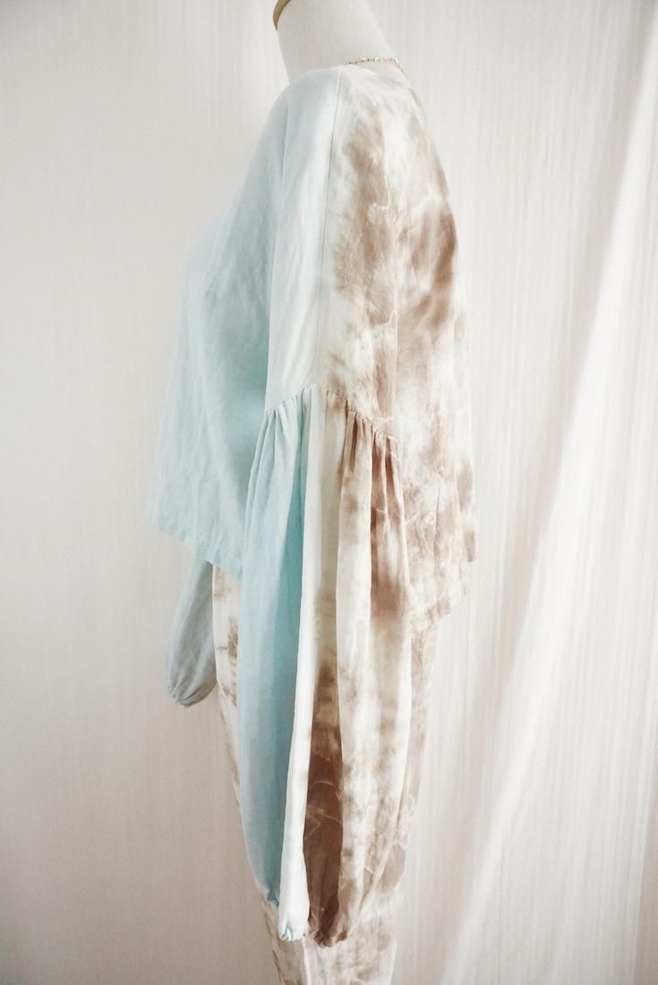 W-Gauze  Puff sleeve top Coffee x AshBlue