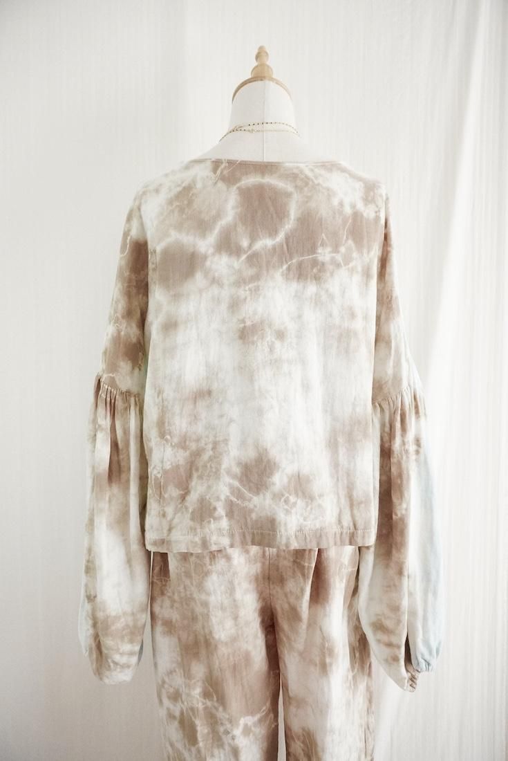 W-Gauze  Puff sleeve top Coffee x AshBlue