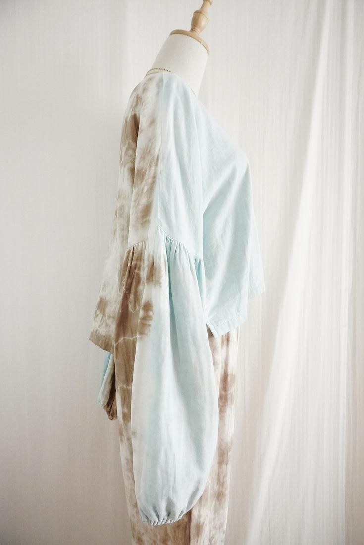 W-Gauze  Puff sleeve top Coffee x AshBlue
