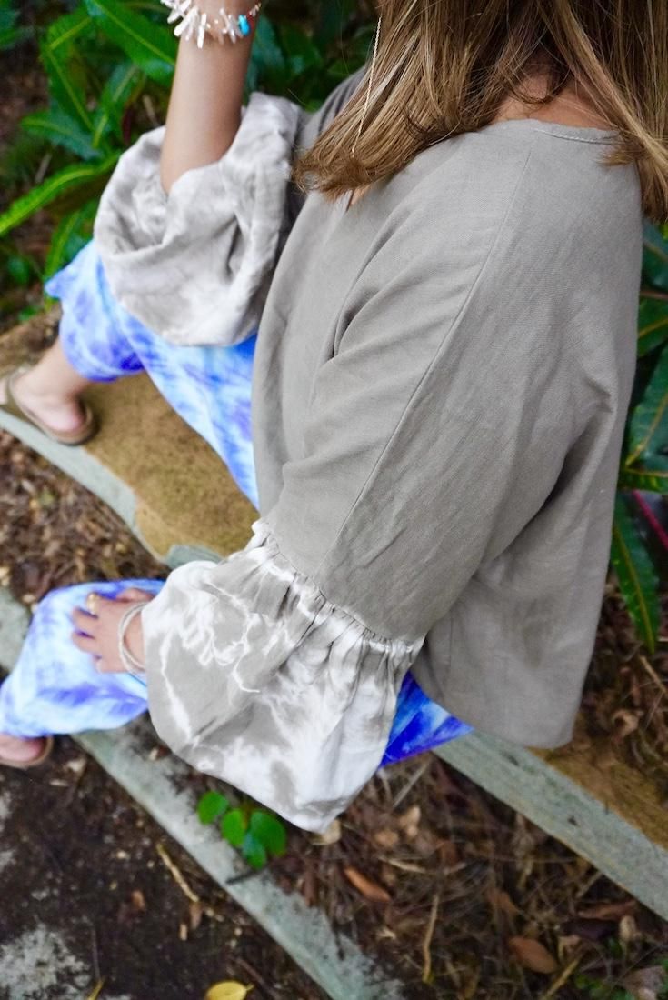 W-Gauze  Puff sleeve top Coffee x AshBlue