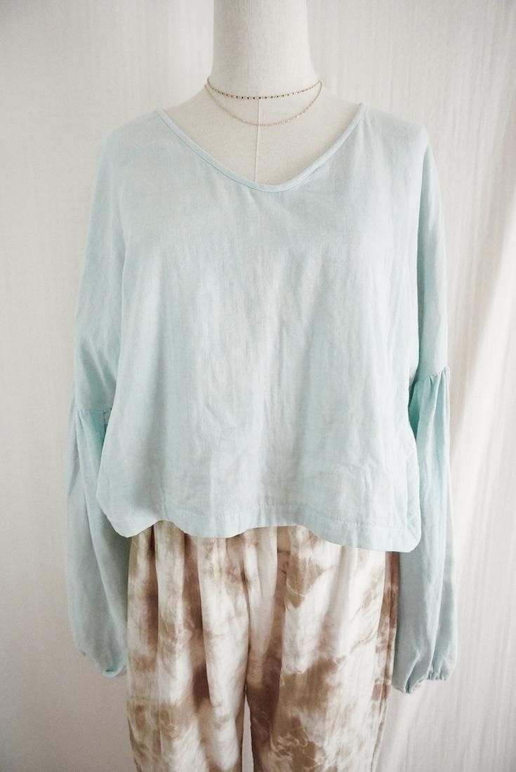 W-Gauze  Puff sleeve top Coffee x AshBlue