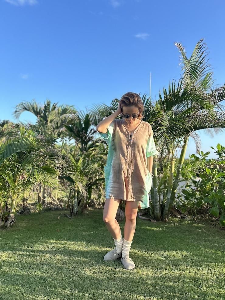 W-gauze Short sleeve rompers Custard x Greige