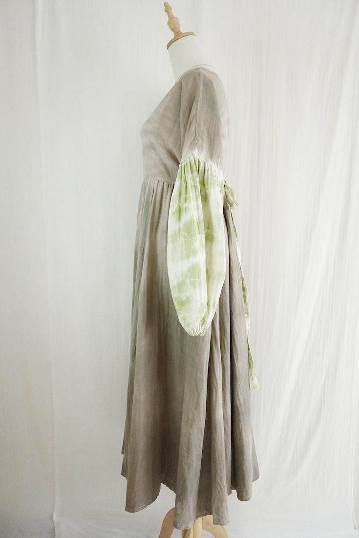 W-gauze Puff sleeve op  Greige x Olive