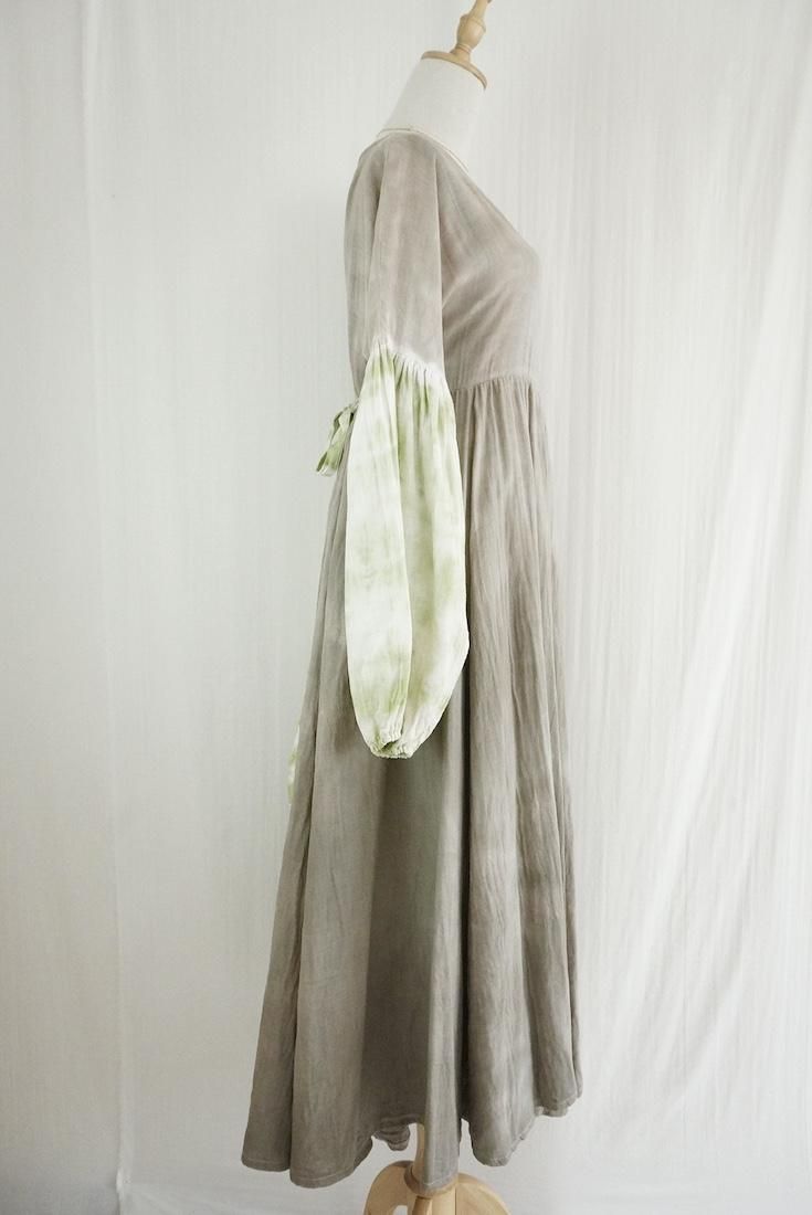 W-gauze Puff sleeve op  Greige x Olive