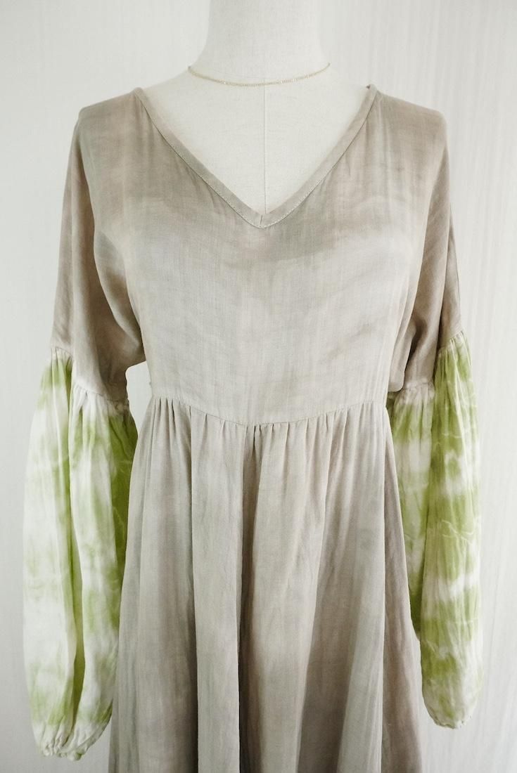W-gauze Puff sleeve op  Greige x Olive