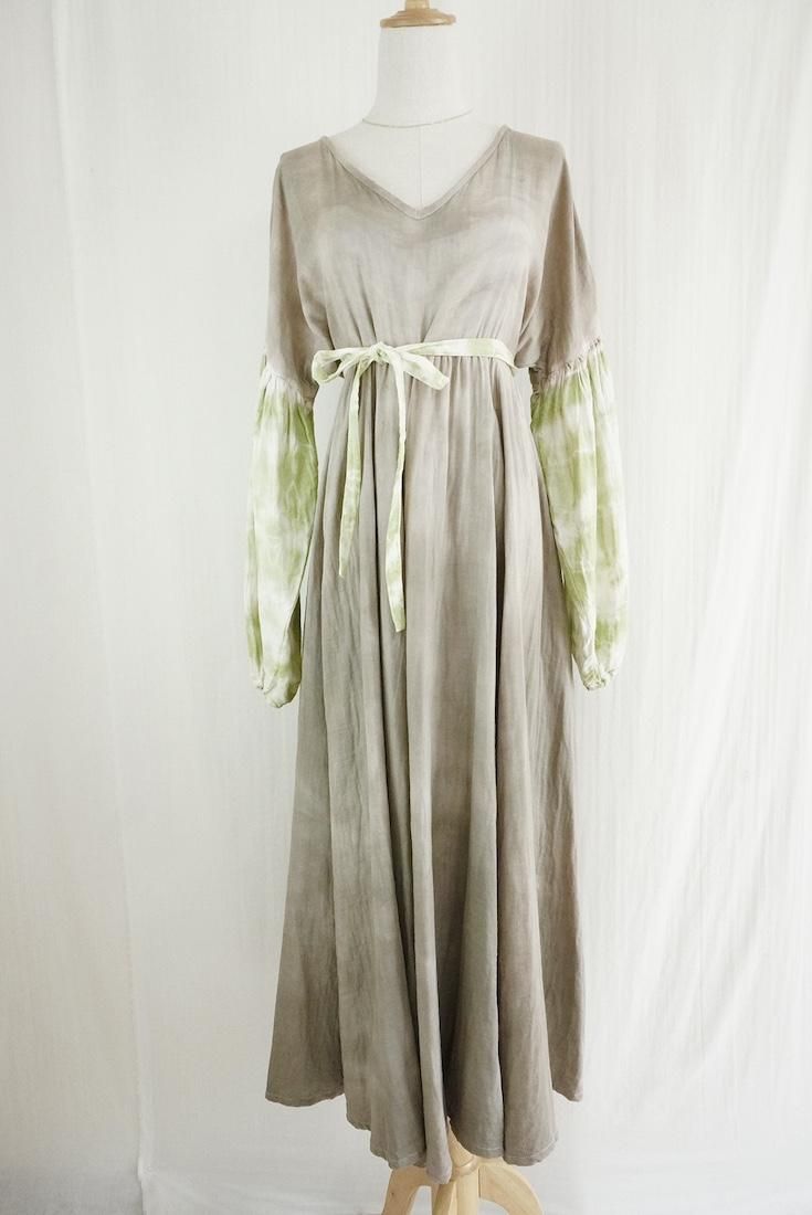 W-gauze Puff sleeve op  Greige x Olive