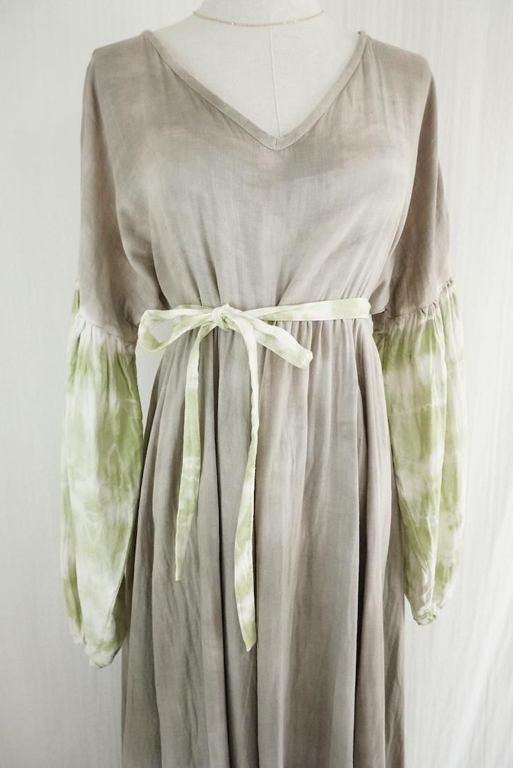 W-gauze Puff sleeve op  Greige x Olive