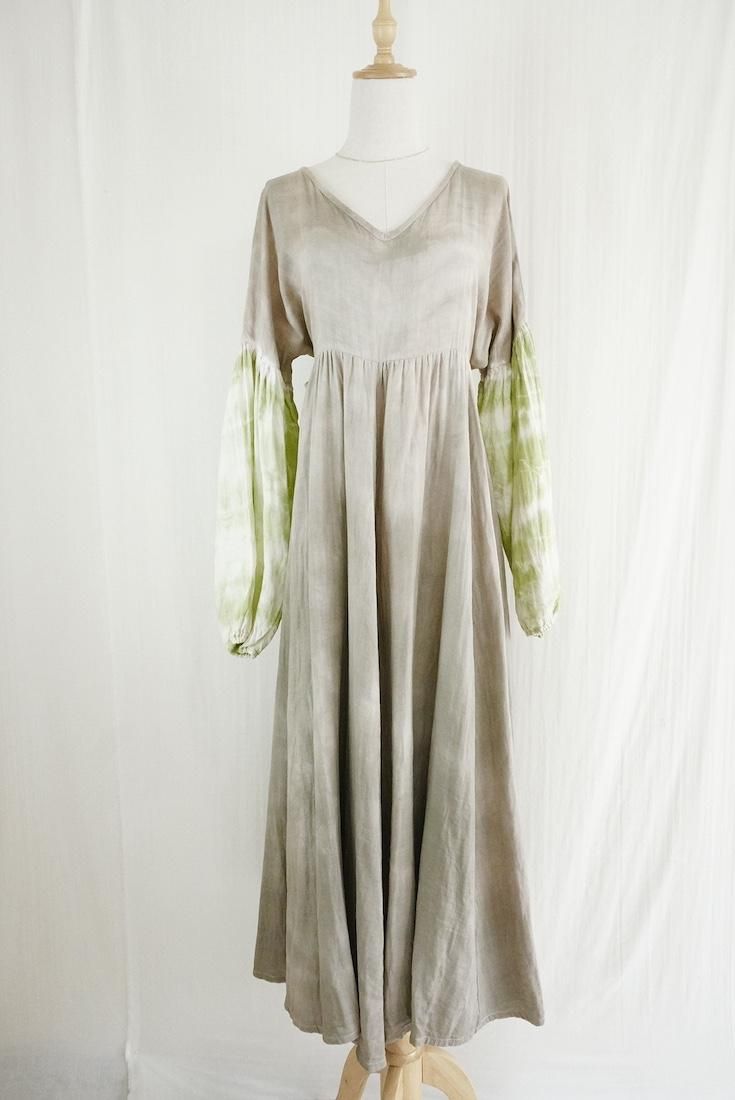 W-gauze Puff sleeve op “ Greige x Olive”