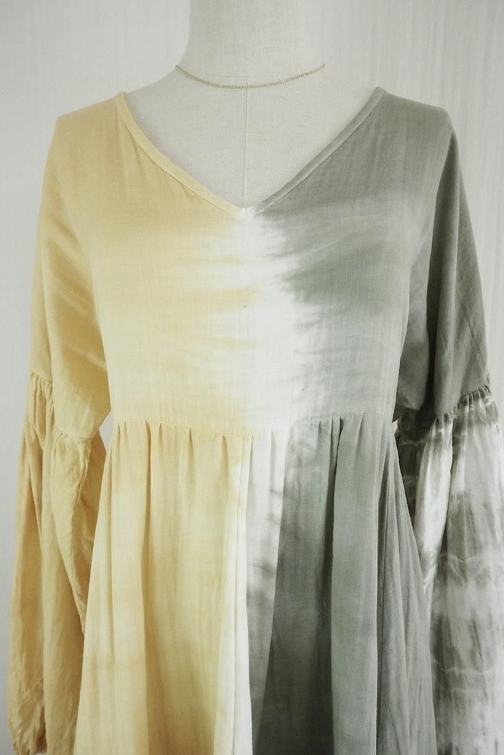 W-gauze Puff sleeve op  GreenTea x Custard