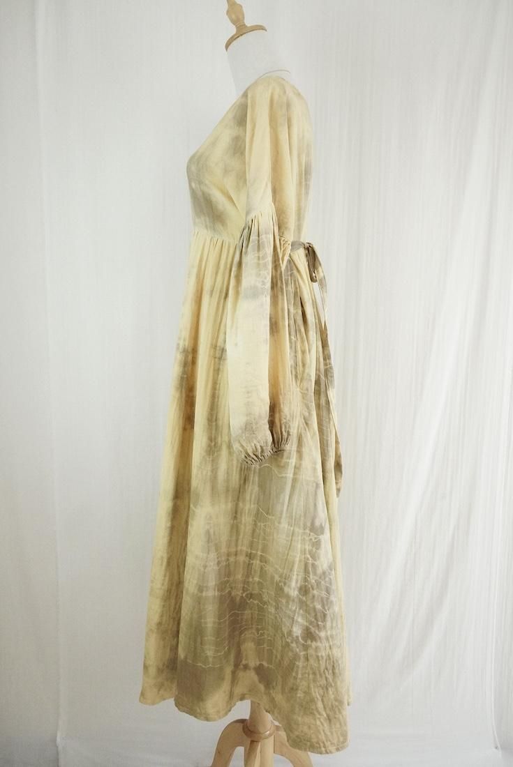 W-gauze Puff sleeve op  Custard x Greige
