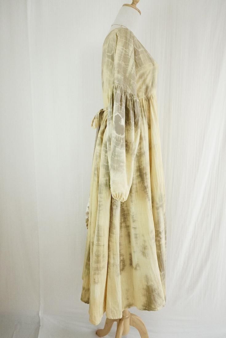 W-gauze Puff sleeve op  Custard x Greige