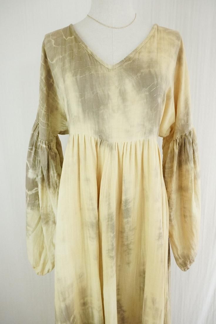W-gauze Puff sleeve op  Custard x Greige