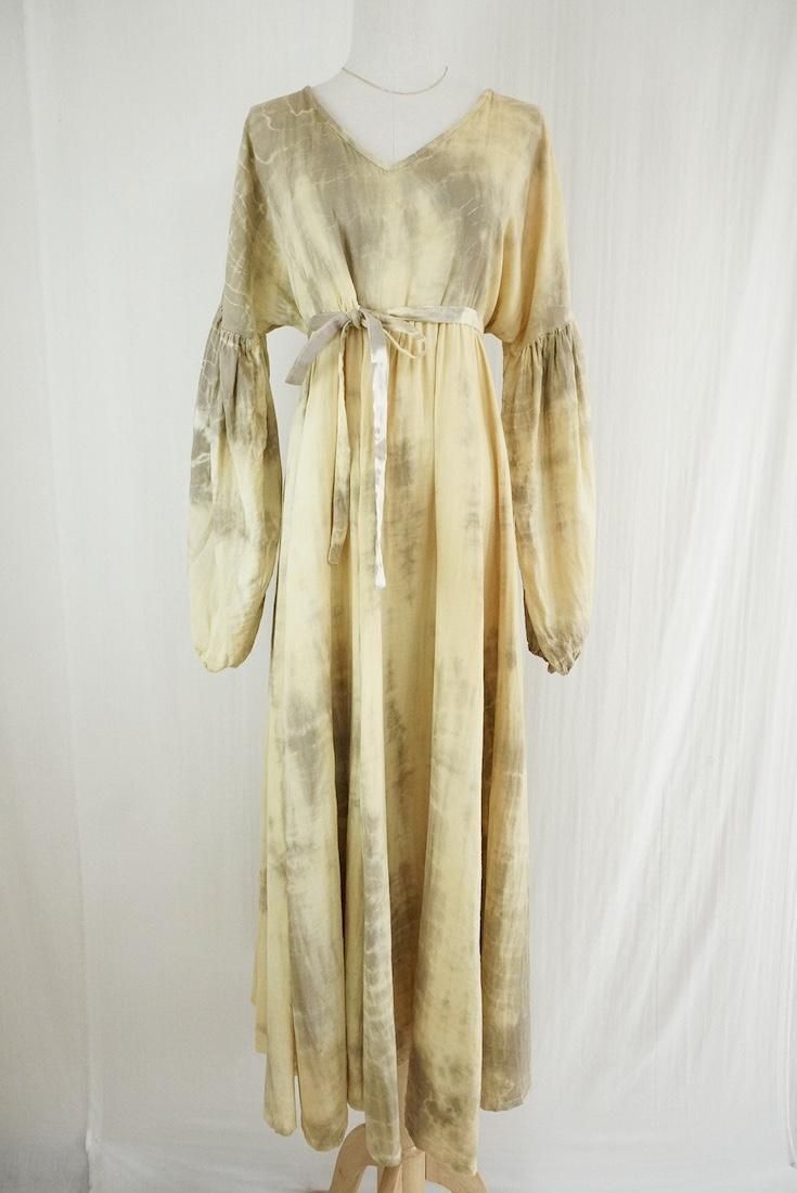 W-gauze Puff sleeve op  Custard x Greige