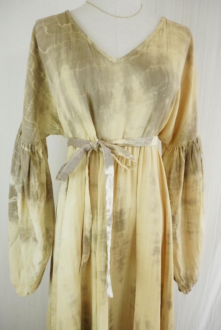 W-gauze Puff sleeve op  Custard x Greige