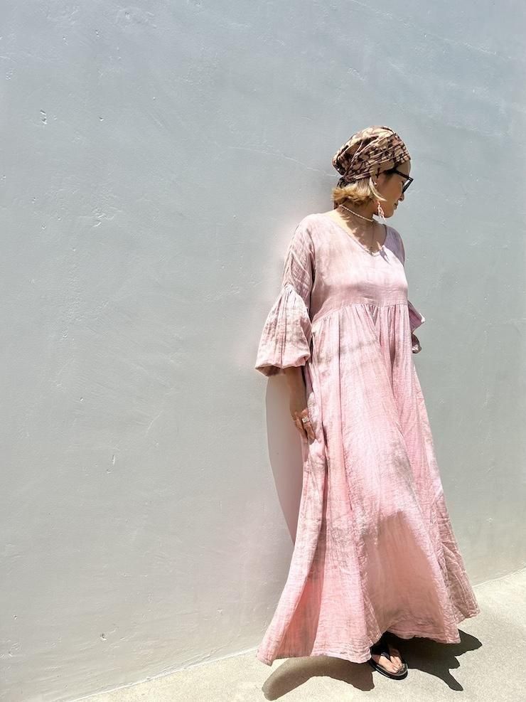 W-gauze Puff sleeve op  Custard x Greige