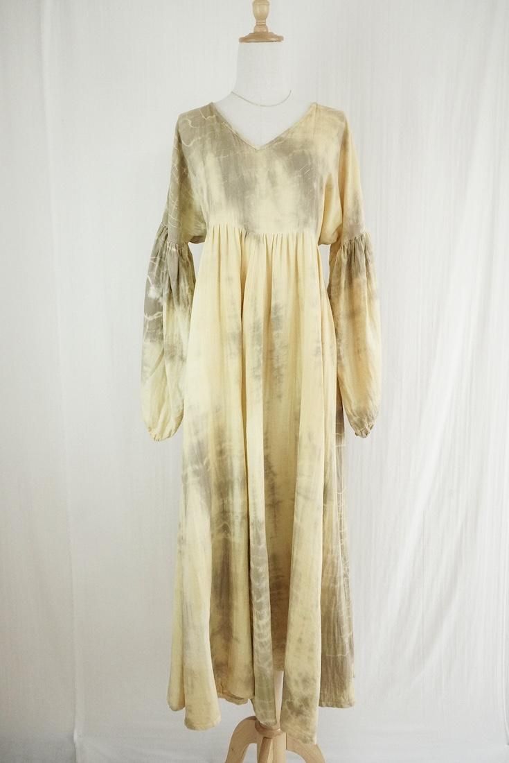 W-gauze Puff sleeve op “ Custard x Greige”