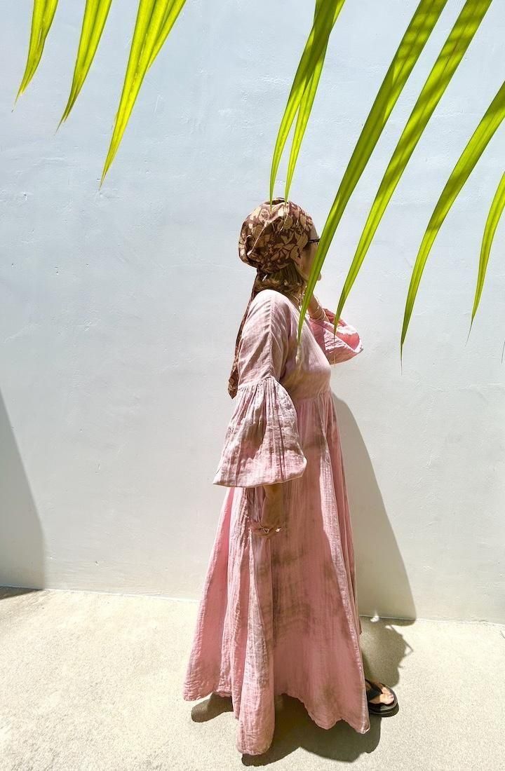 W-gauze Puff sleeve op  Pinkbeige x Greige